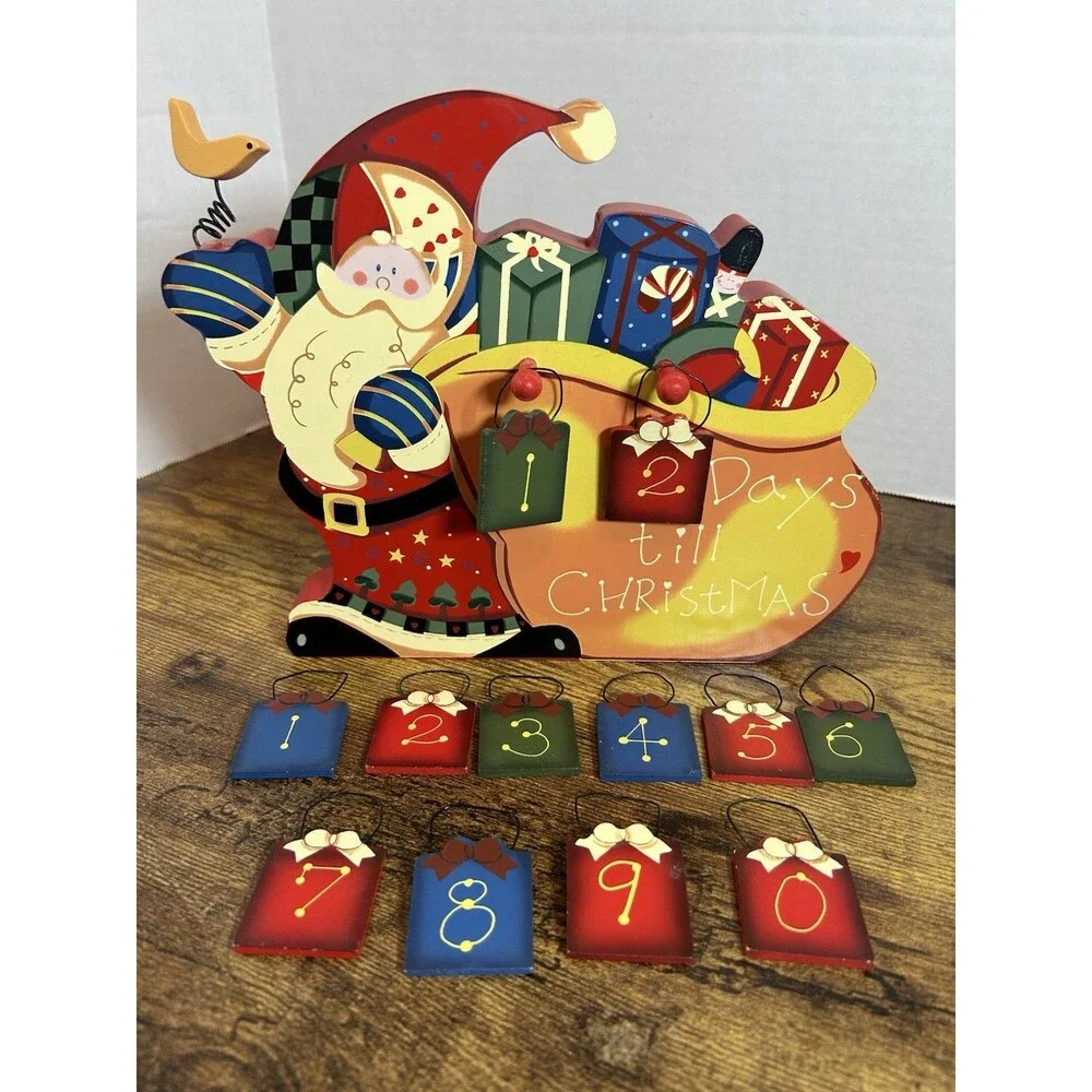 Vintage Wooden Santa Christmas Countdown Calendar Wall Hanging Shelf Sitter Deco